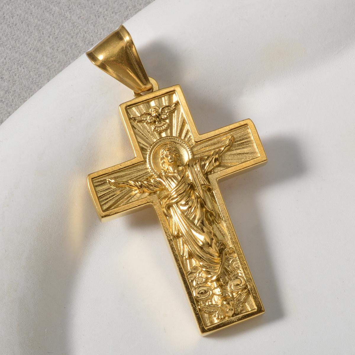 Vintage 3D Relief Christian Cross Stainless Steel Pendant, Couples Gift